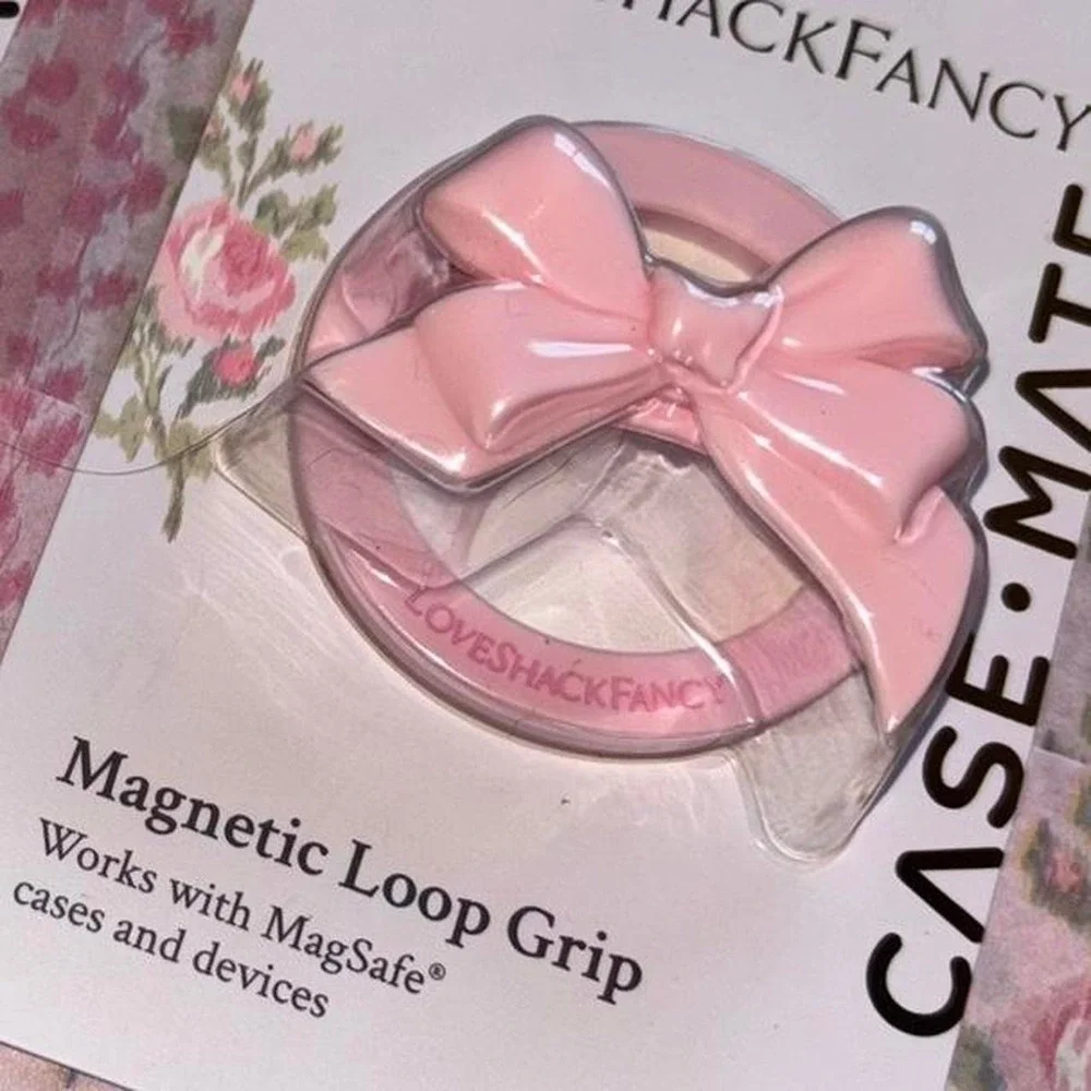 LoveShackFancy pink bow magnetic loop grip for MagSafe phone cases
